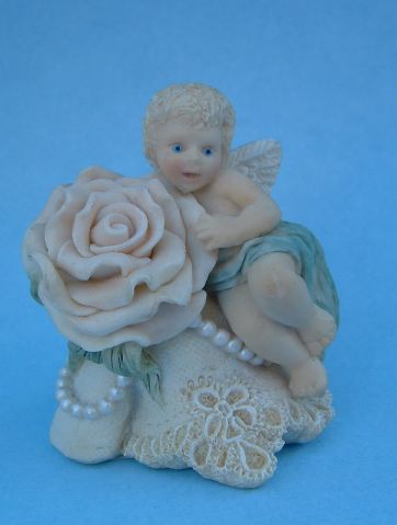 Victorian Cupid w/Lace, Pearls & Rose - Click Image to Close