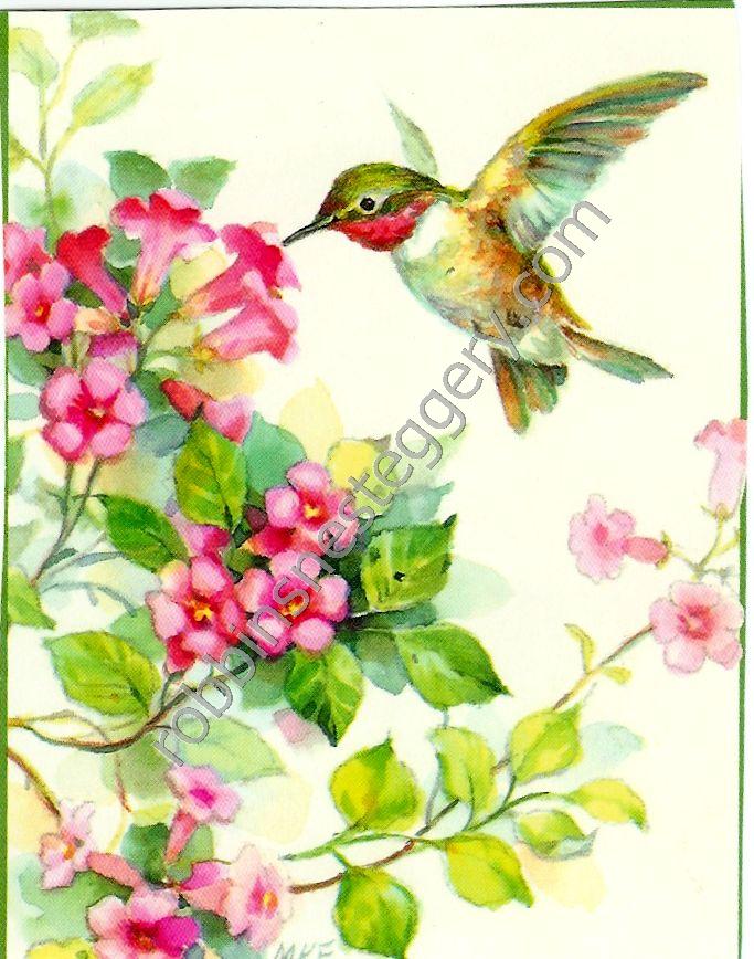 Ruby Throat Hummingbird w/Pink Flowers #83 - Click Image to Close