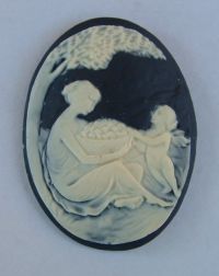 Cameo - Ivory Lady & Cherub w/Bowl on Black Background 30x40 - Click Image to Close